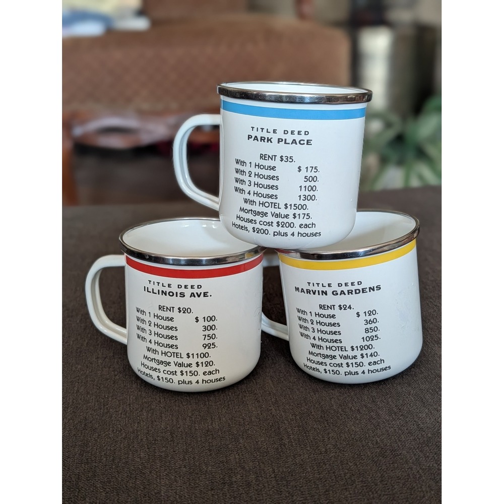 Hasbro Monopoly Metal Mug Set Park Place Illinois Ave Marvin Gardens Title Deed